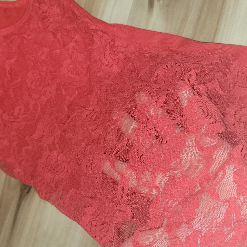 Red Ribbed With Lace See Thru Back Tank Top - Picture 9 of 9